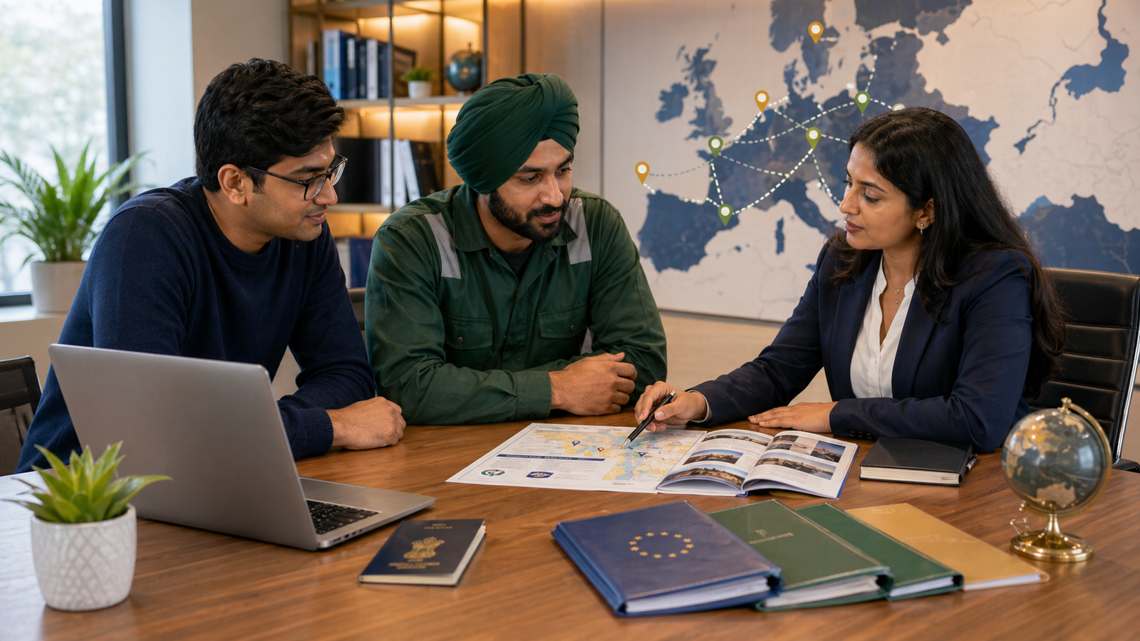 Indian students and workers reviewing Europe pathway options with an advisor