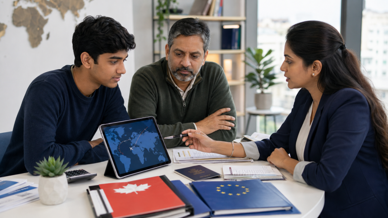 Indian student and parent comparing Canada and Europe study and work pathways