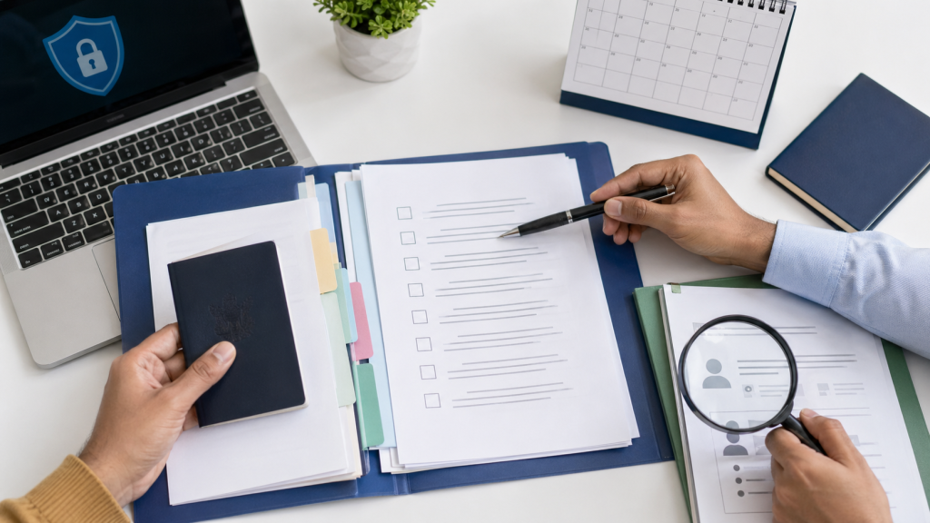 Organized Europe visa documents and job offer verification checklist on a desk