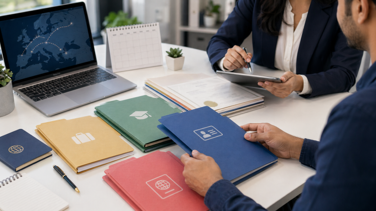 Indian applicant organizing document folders for Europe work pathway planning