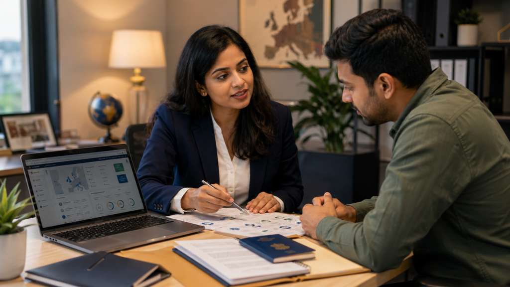 Indian applicant reviewing a Europe pathway assessment with an advisor