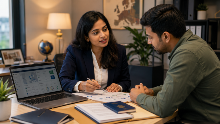Indian applicant reviewing a Europe pathway assessment with an advisor