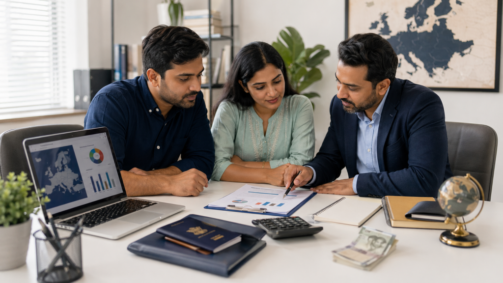 Indian couple reviewing Europe relocation costs and budget with an advisor