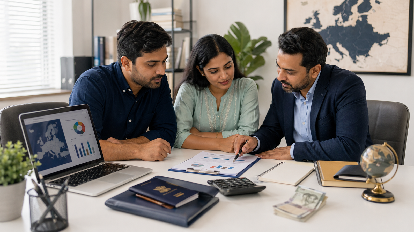 Indian couple reviewing Europe relocation costs and budget with an advisor