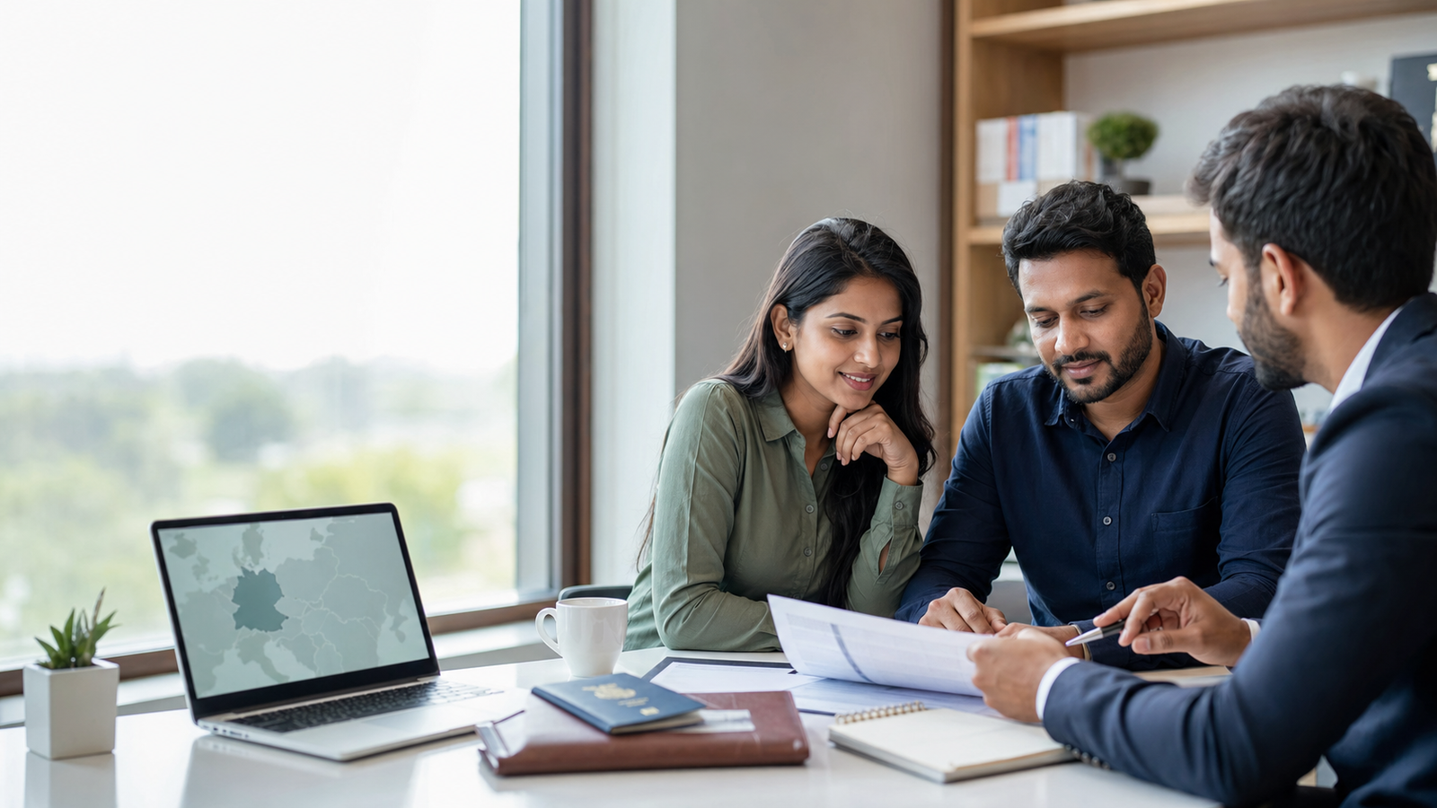 Indian professionals reviewing Germany work pathway documents with an advisor