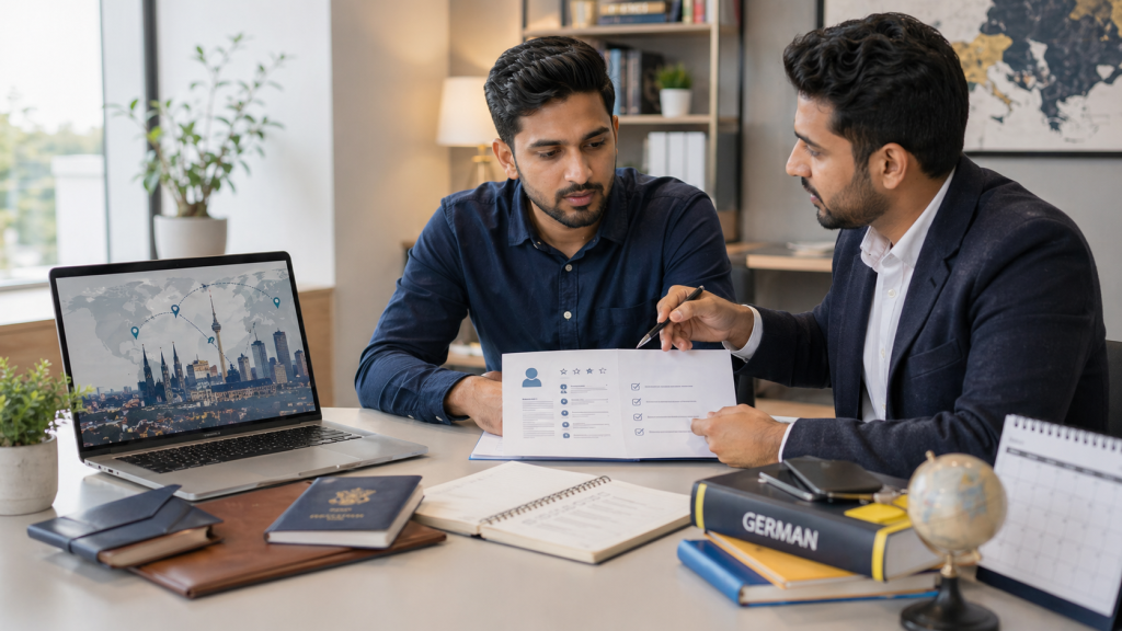 Indian professional reviewing Germany Opportunity Card eligibility with an advisor