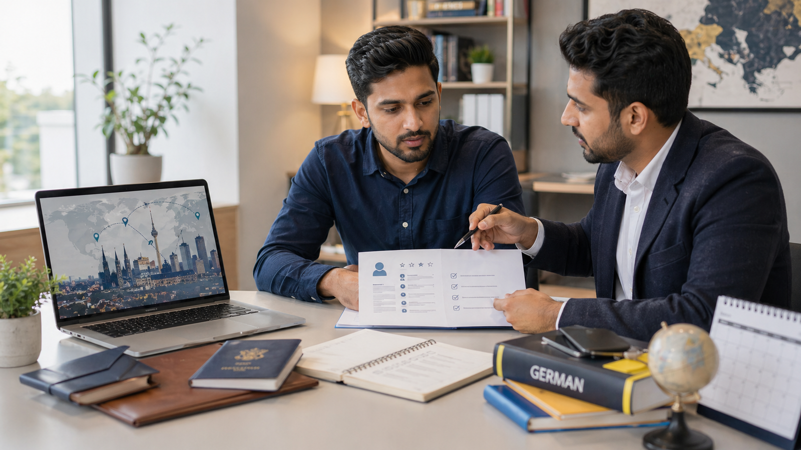 Indian professional reviewing Germany Opportunity Card eligibility with an advisor