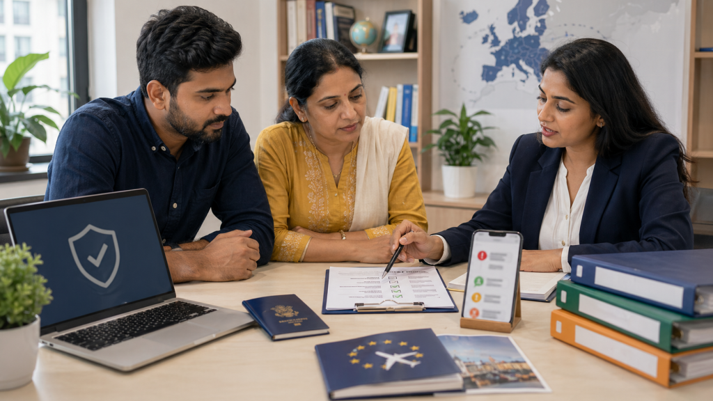 Indian applicant reviewing a legal Europe pathway checklist with a consultant