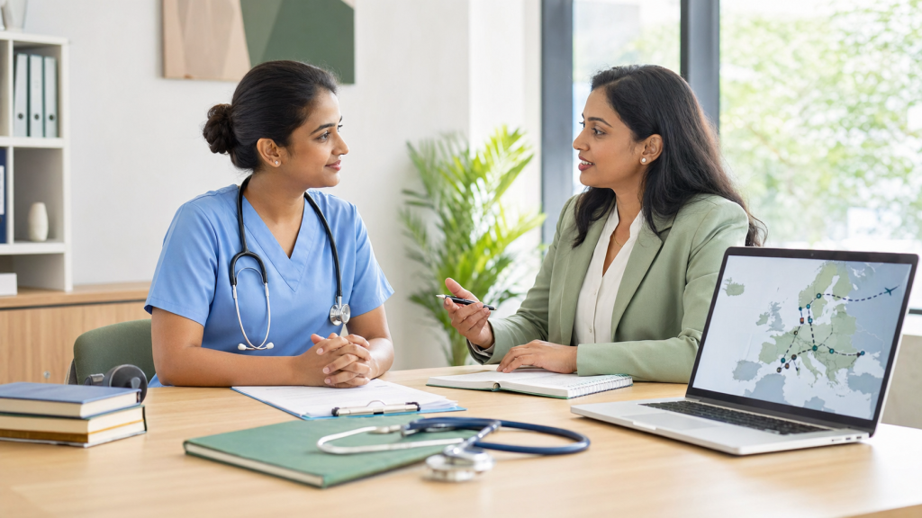 Indian nurse discussing Germany healthcare career documents with an advisor