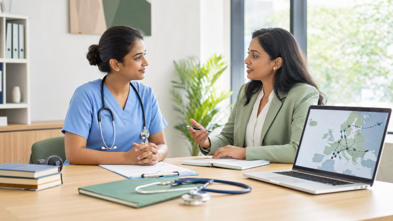 Indian nurse discussing Germany healthcare career documents with an advisor