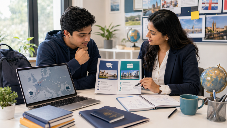Indian student comparing study and work pathways for Europe with an advisor