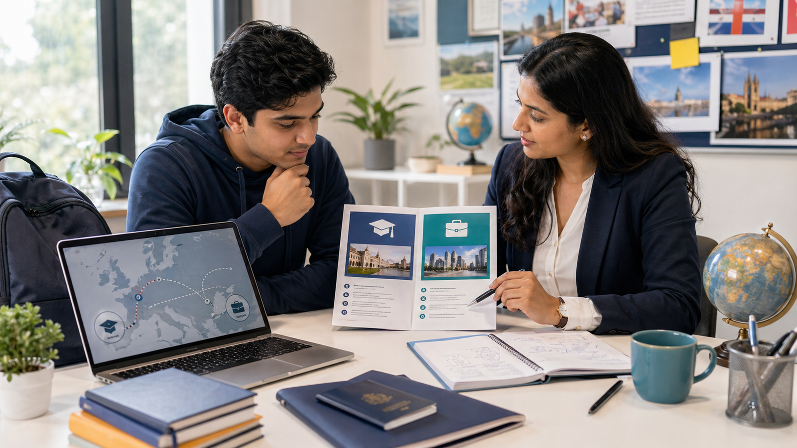 Indian student comparing study and work pathways for Europe with an advisor
